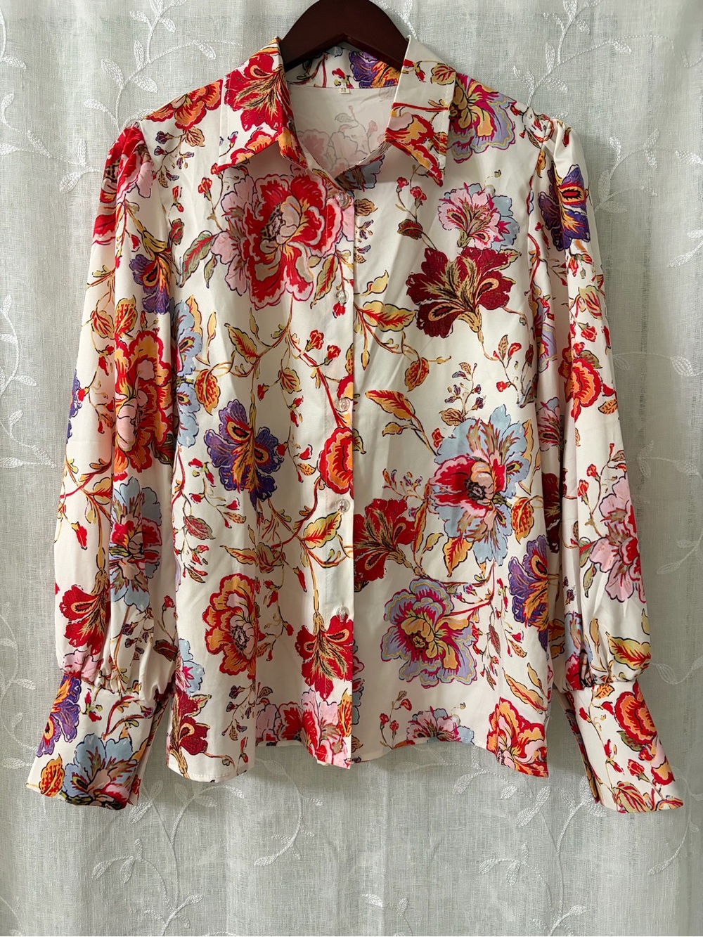 Floral Button-Down Shirt in Cream with Red & Purple Bloom Size Medium